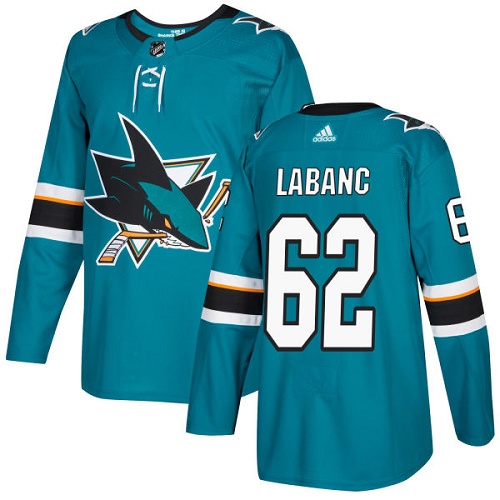 Adidas Sharks #62 Kevin Labanc Teal Home Authentic Stitched Youth NHL Jersey